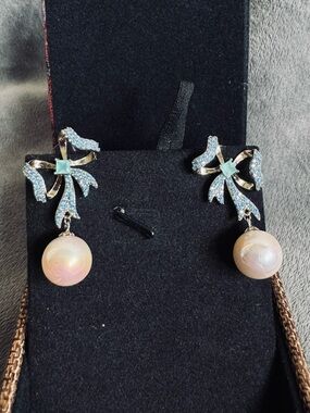 Pearl Drop Bow Earrings with Blue Crystal Accents